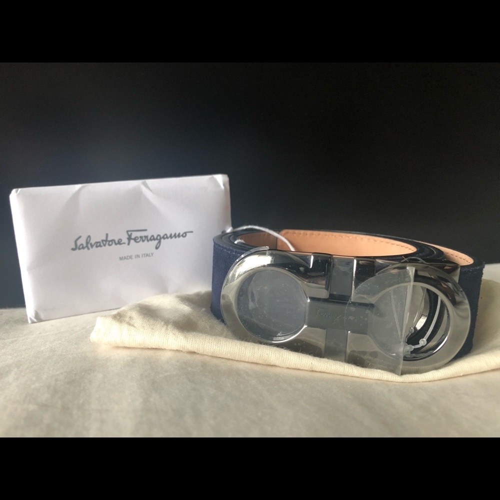 Salvatore Ferragamo Navy 38 Suede Gancini belt